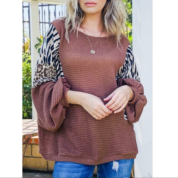 LET'S BE WILD WAFFLE KNIT SWEATER-BROWN - Picture 4 of 5